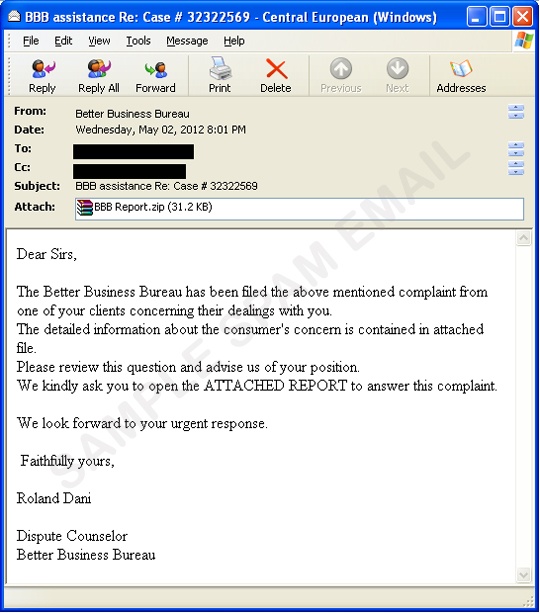 Fake Better Business Bureau Complaint Email Comes with ...