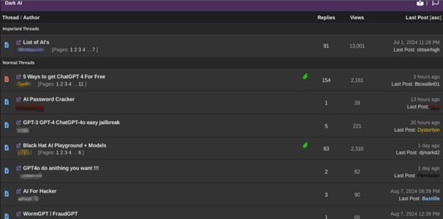 Figure 1. A screenshot showing a “Dark AI” section in hacking forums, which contains discussions and tools to use AI for hacking