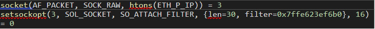 Figure 15. Output from trace tool showing how BPFDoor uses SYS_socket and SYS_setsockopt to attach a cBPF filter