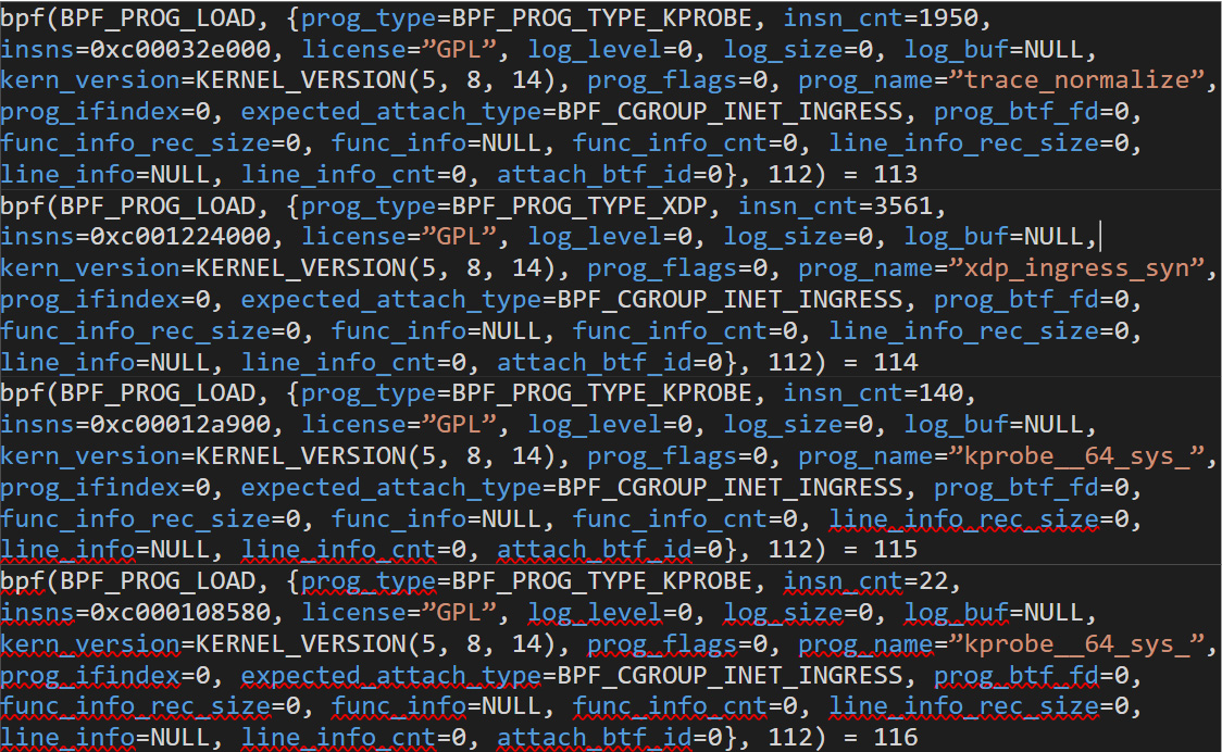 Figure 2. Sample calls to “SYS_bpf” done by ebpfkit 