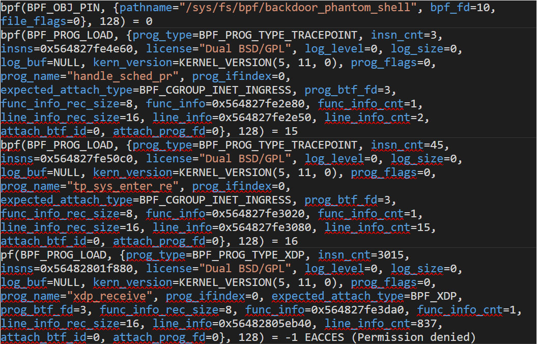 Figure 5. A list showing some calls from the TripleCross rootkit when it starts running 