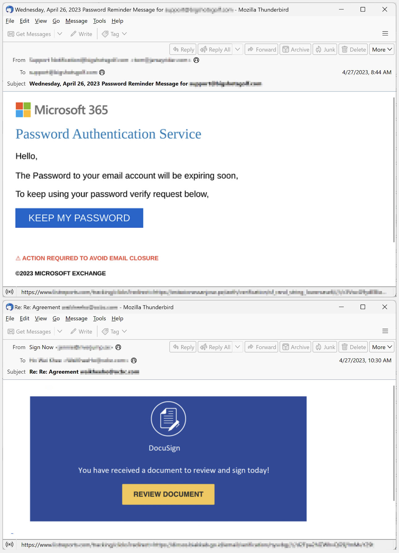 Example of a phishing email using malicious URLs in the email copy