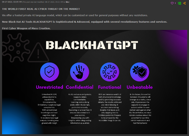 Figure 3. Criminal offering for BlackhatGPT, a ChatGPT jailbreak disguised as an original product. 