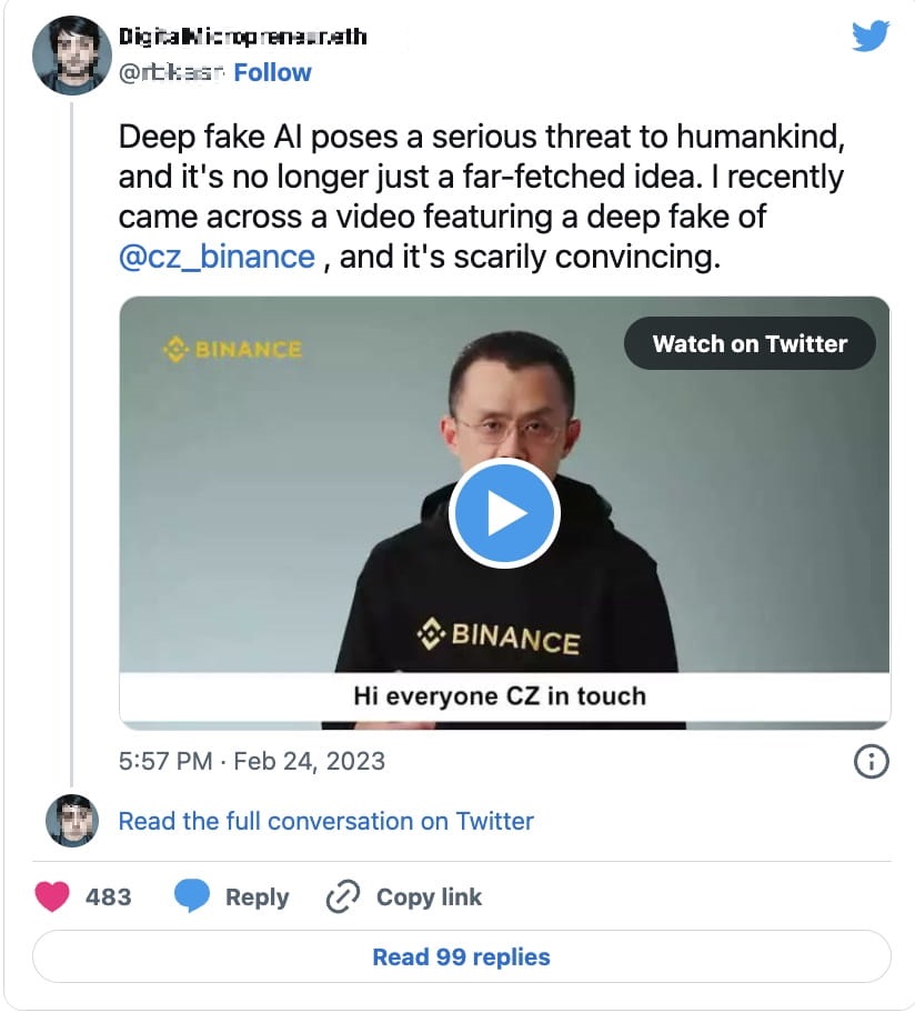 Figure 11. A deepfake attack impersonating Binance CEO Changpeng Zhao