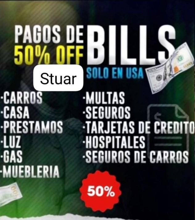 Figure 33. An advertisement posted in the “Los hijos de Kitah” WhatsApp group offering 50% off on bills in the USA