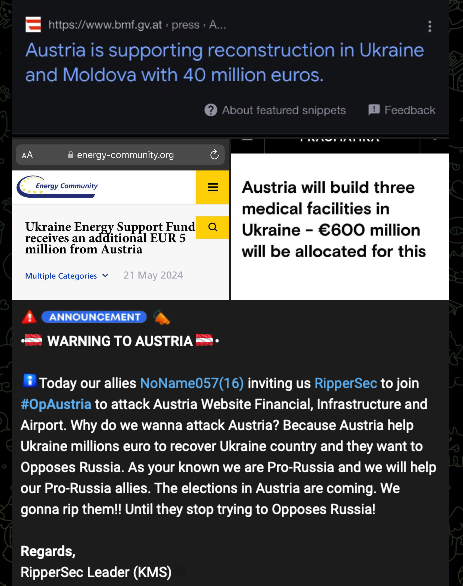 Figure 21. Pro-Russia group “RipperSec” targeting Austria because the country “opposes Russia”