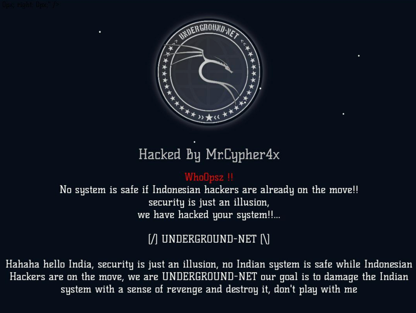 Figure 24. “underground-net”, an Indonesian group, defacing an Indian site