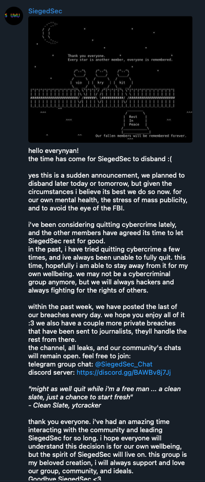 Figure 40. SiegedSec’s announcement of its disbandment