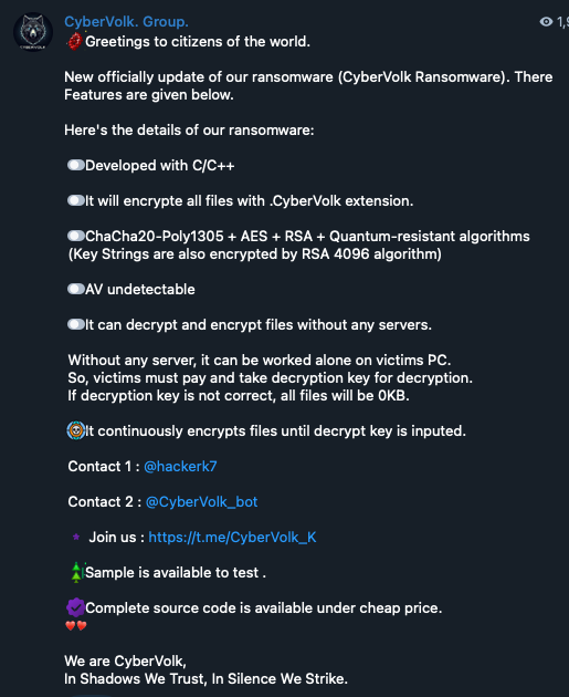 Figure 41. CyberVolk providing details of its ransomware program