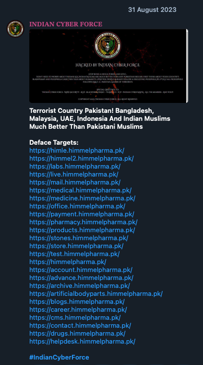 Figure 5. The Indian Cyber Force’s claims and targets