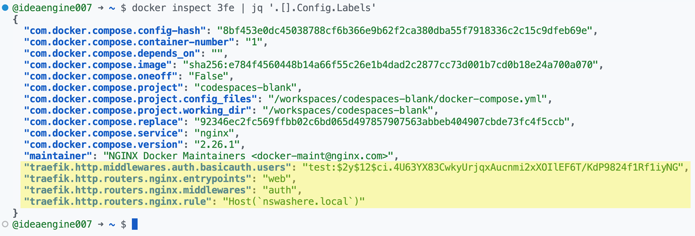 Figure 13. Traefik configuration in the labels of the running nginx container