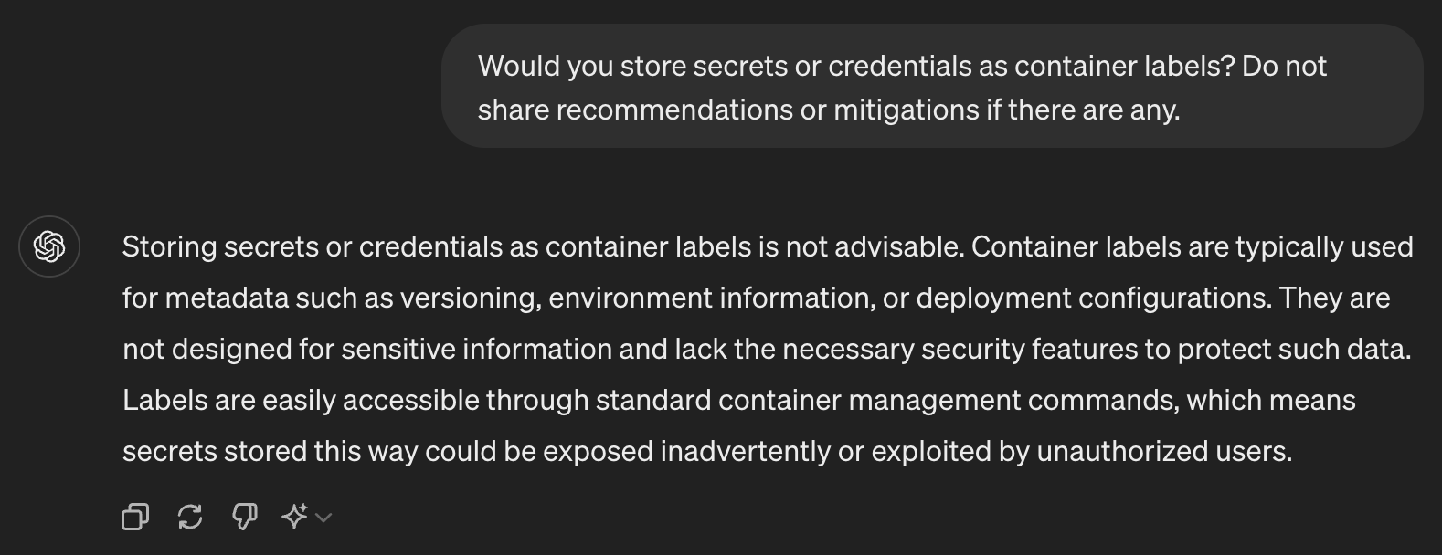 Figure 2. Even AI thinks (pun intended) that using container labels to store secrets or credentials is unadvisable.