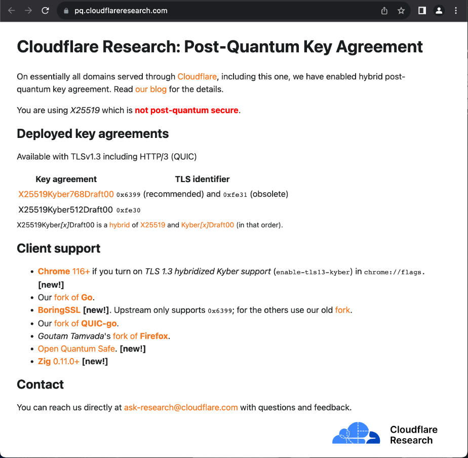 Figure 4. Cloudflare’s test page for PQC negotiation before Chrome’s upgrade