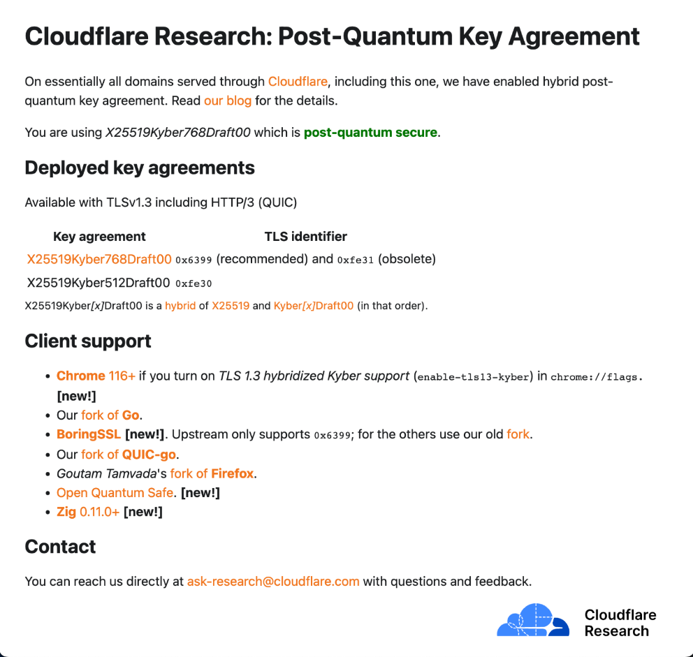 Figure 5. Cloudflare’s test page for PQC negotiation after the upgrade and manually activating the Kyber algorithm