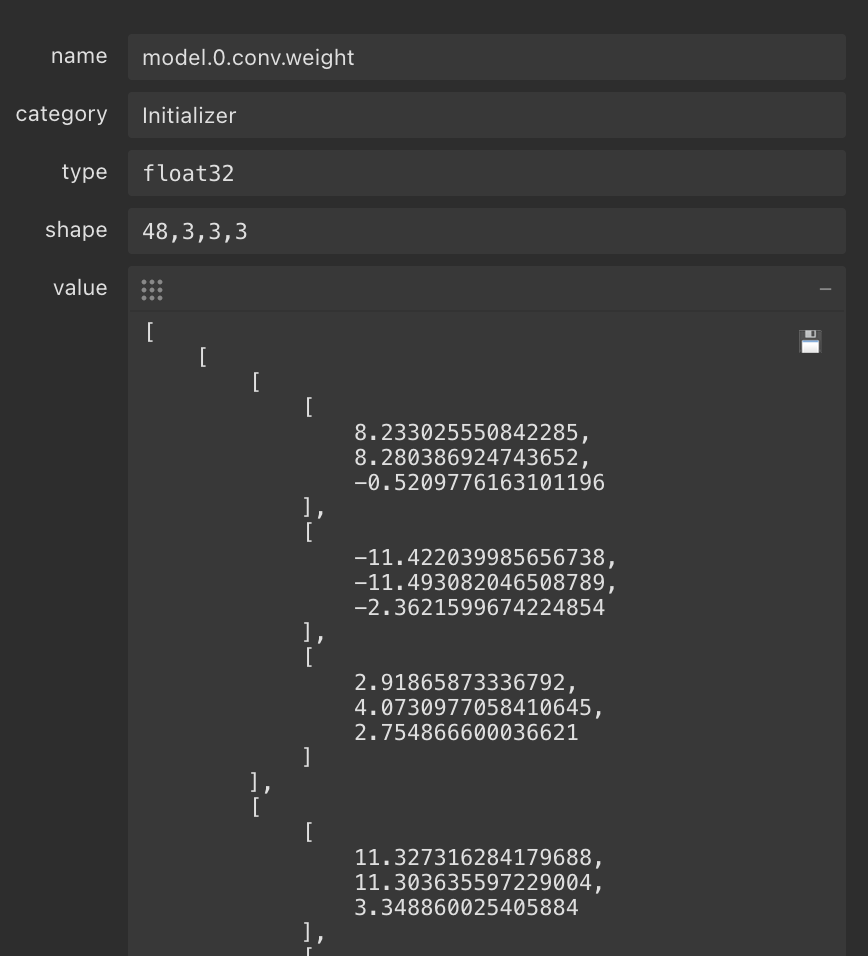 Figure 7. Weight values from an ONNX file that could be manipulated to tamper the model 