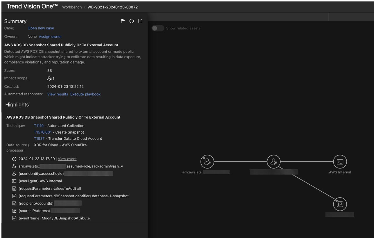 Figure 14. Vision One detecting when a snapshot of an AWS database is shared