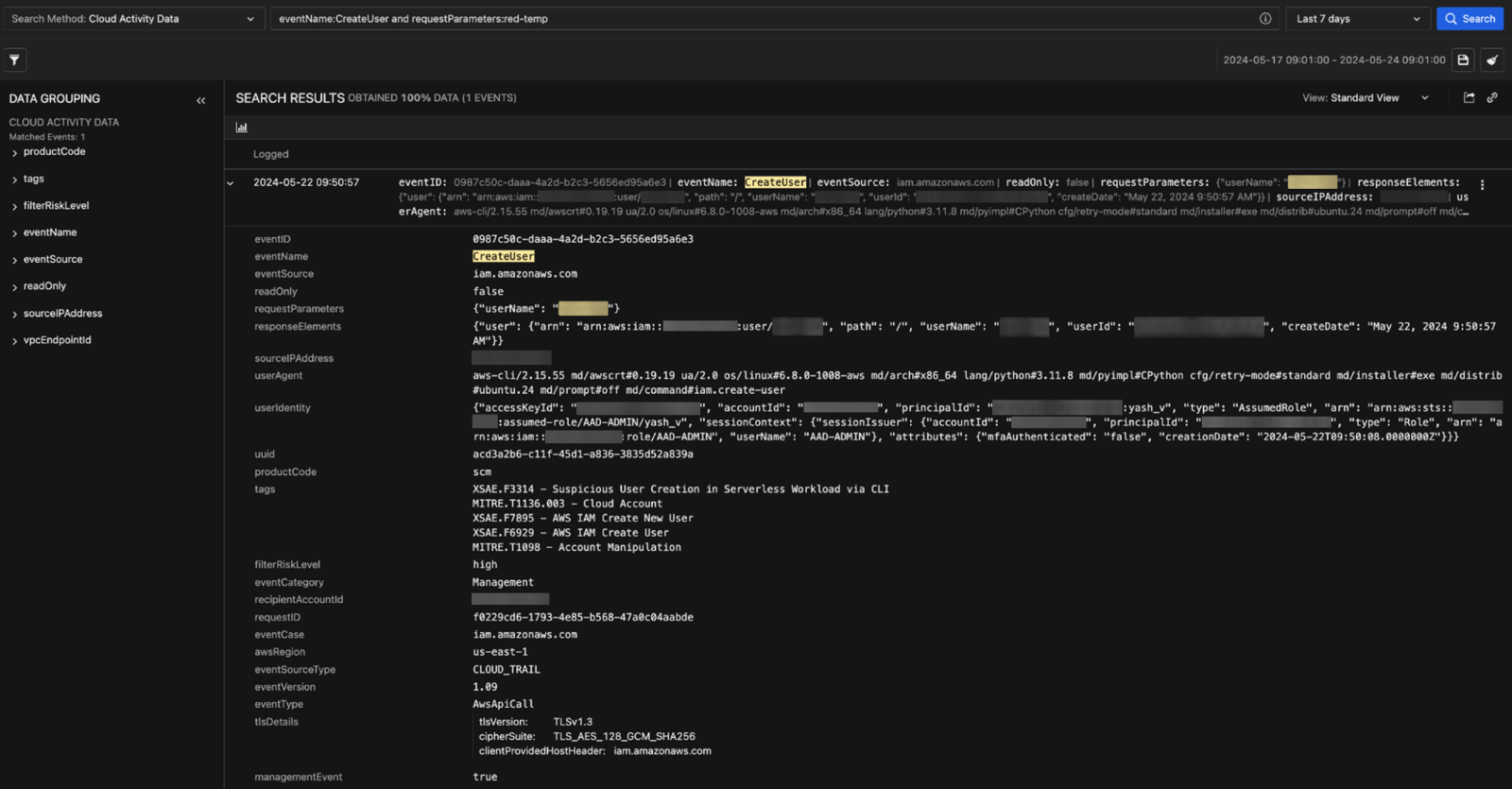 Figure 6. The Vision One Search app used to find a specific AWS log