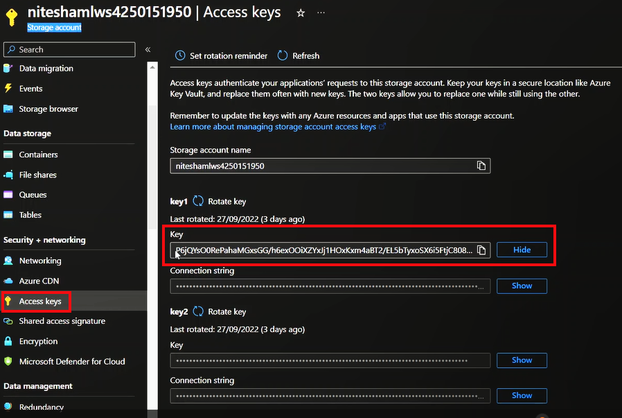 Figure 10. Storage account credential for the workspace in the Azure Portal