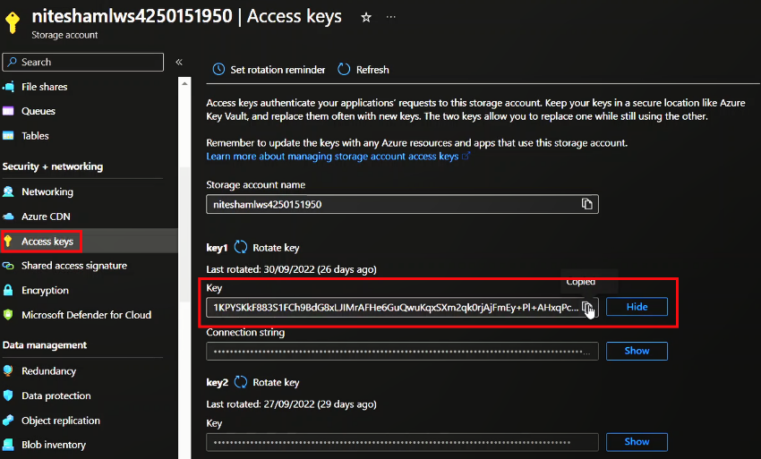 Figure 13. Storage account credential for the workspace as shown on the Azure Portal