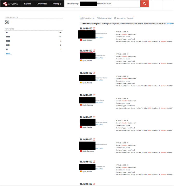 Figure 1. Shodan search results for the keyword “LTE,” filtered for a telco 