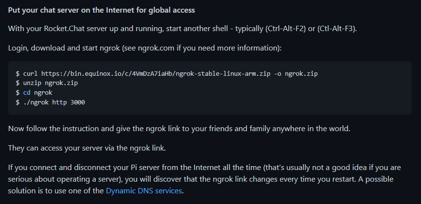 Rocket.Chat’s installation guide suggesting the use of ngrok