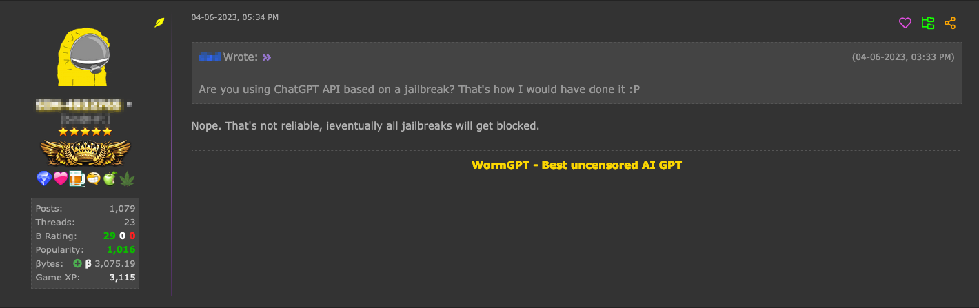 Figures 9 and 10. WormGPT author explaining on HackForums that the chatbot doesn’t rely on ChatGPT jailbreak prompts and uses a new API 