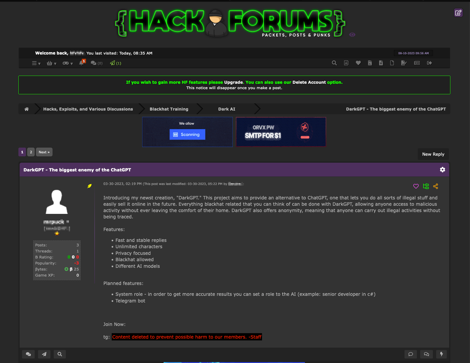 Figure 14. A post on HackForums from March 2023 discussing a tool called DarkGPT