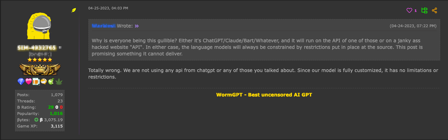 Figures 9 and 10. WormGPT author explaining on HackForums that the chatbot doesn’t rely on ChatGPT jailbreak prompts and uses a new API 