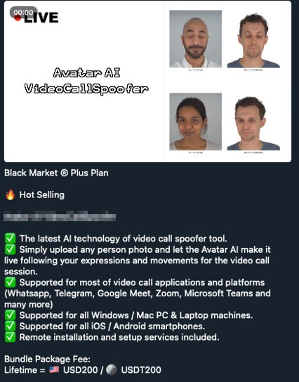 Figure 6. Cybercriminal underground advertisement for Avatar AI VideoCallSpoofer