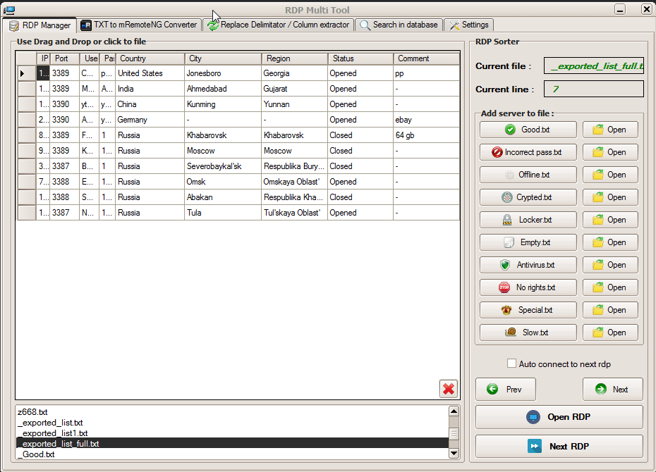The interface of a software advertised as a tool for monetization of RDP credentials