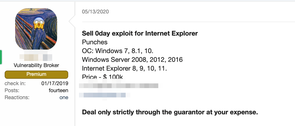 A forum post advertising an exploit for a zero-day Internet Explorer vulnerability