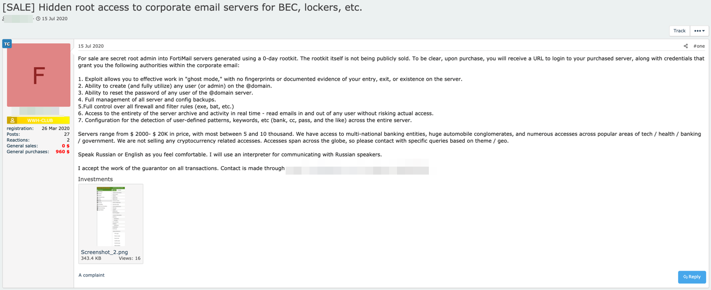 A forum post advertising access, using a zero-day rootkit, to email servers