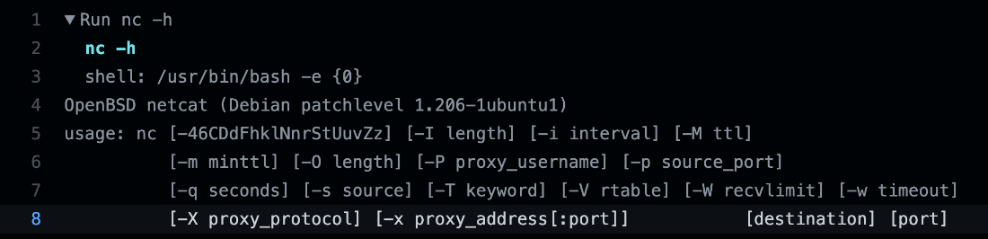 Output of Netcat help command from the Ubuntu runner