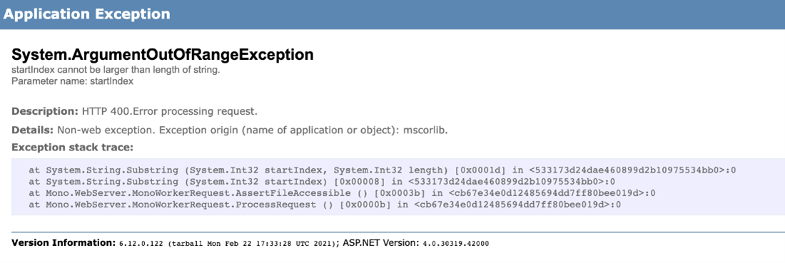 Mono.WebServer.XSP/4.7.1.0 inside the Ubuntu runner returns an error notification.