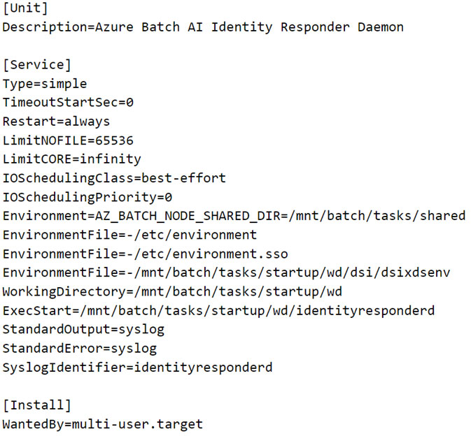 Figure 4. Service configuration of Azure Batch AI Identity Responder Daemon