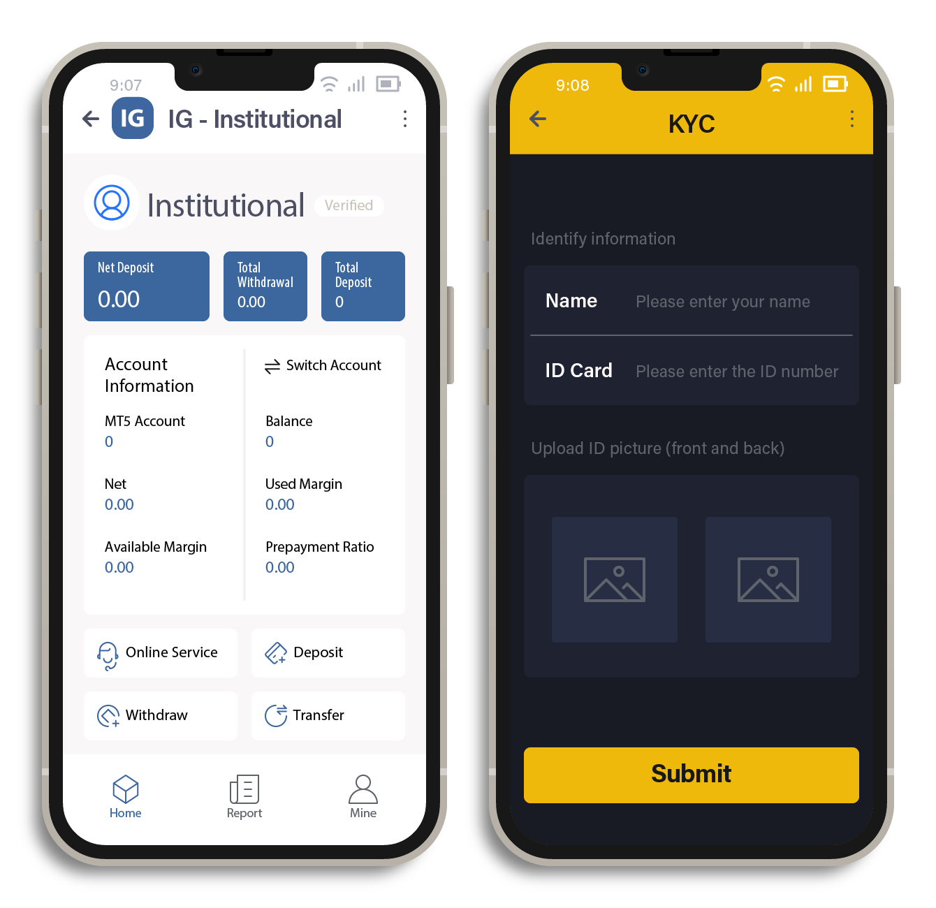 Figure 10. (Left) A fake brokerage mobile application that’s available on Google Play and (right) the KYC verification feature of a fake brokerage site that requires users to upload identification cards