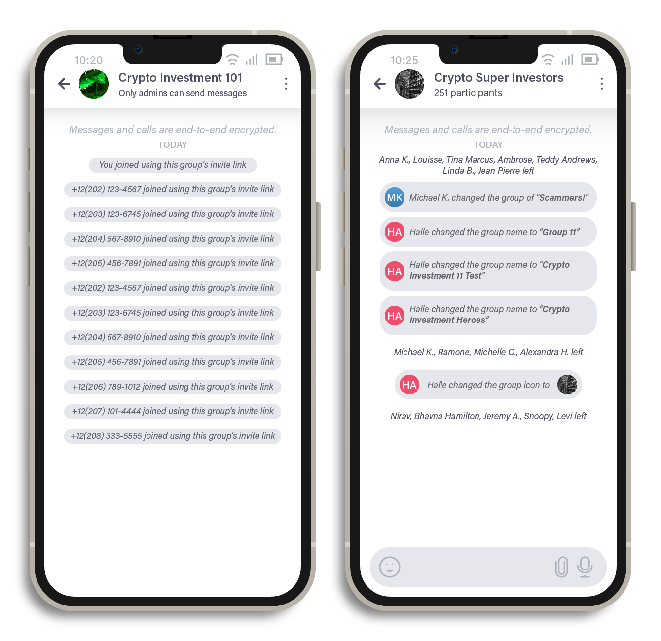 Figure 5. (Left) Unsuspecting victims who joined a fake investment group through an invitation link and (right) users who were added to a fake investment group chat and were possibly aware of the scam and left