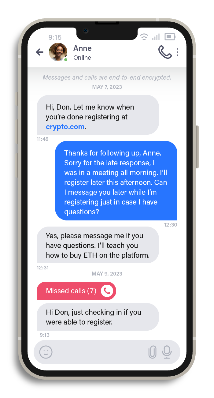 Figure 8. A conversation with a fake secretary guiding a victim on how to purchase cryptocurrencies