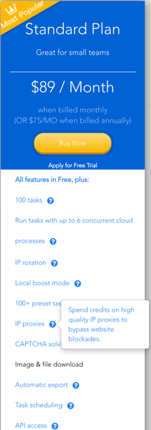 Price list of a web scraping service bundled with IP proxies and CAPTCHA-solving services