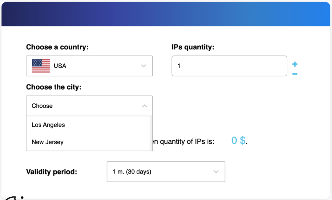 A screenshot from proxy-solutions.net that allows a user to select proxies based on countries and cities