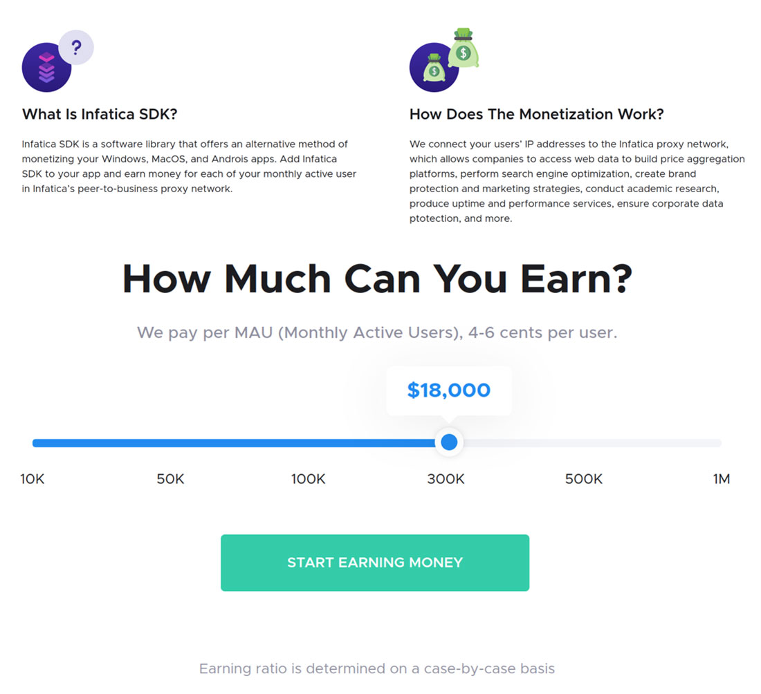 Figure 10. Infatica provides a tool that estimates how much app owners can earn annually from the number of monthly active users 