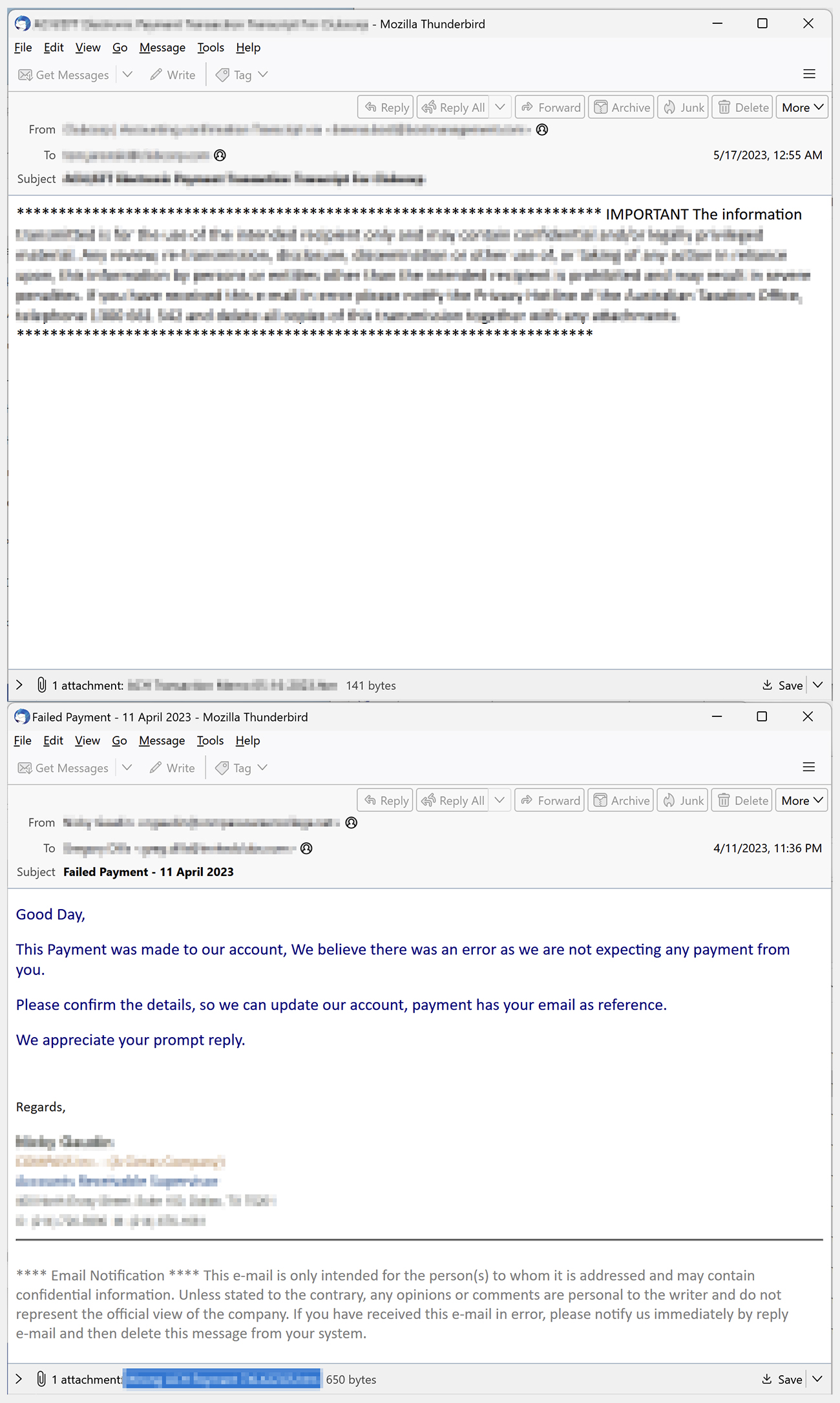 Examples of phishing emails using malicious URLs as attachments