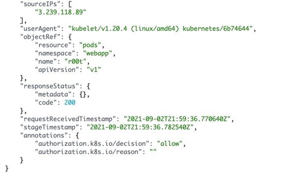 Figure 13. Analyzing Kubernetes audit logs on EKS for suspicious pod deployments