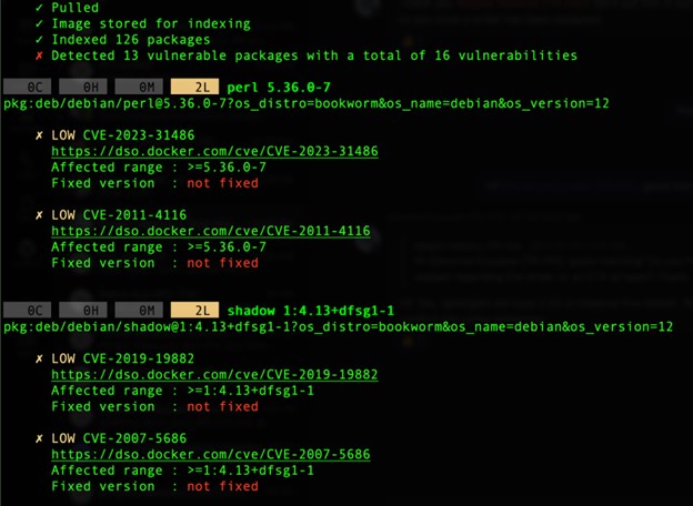 Trimmed results of the command: “docker scout cves debian:latest”