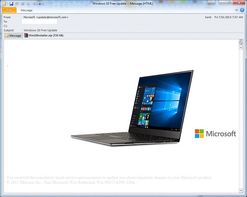 假冒免費 Windows 10 更新通知信件暗藏勒索軟體
