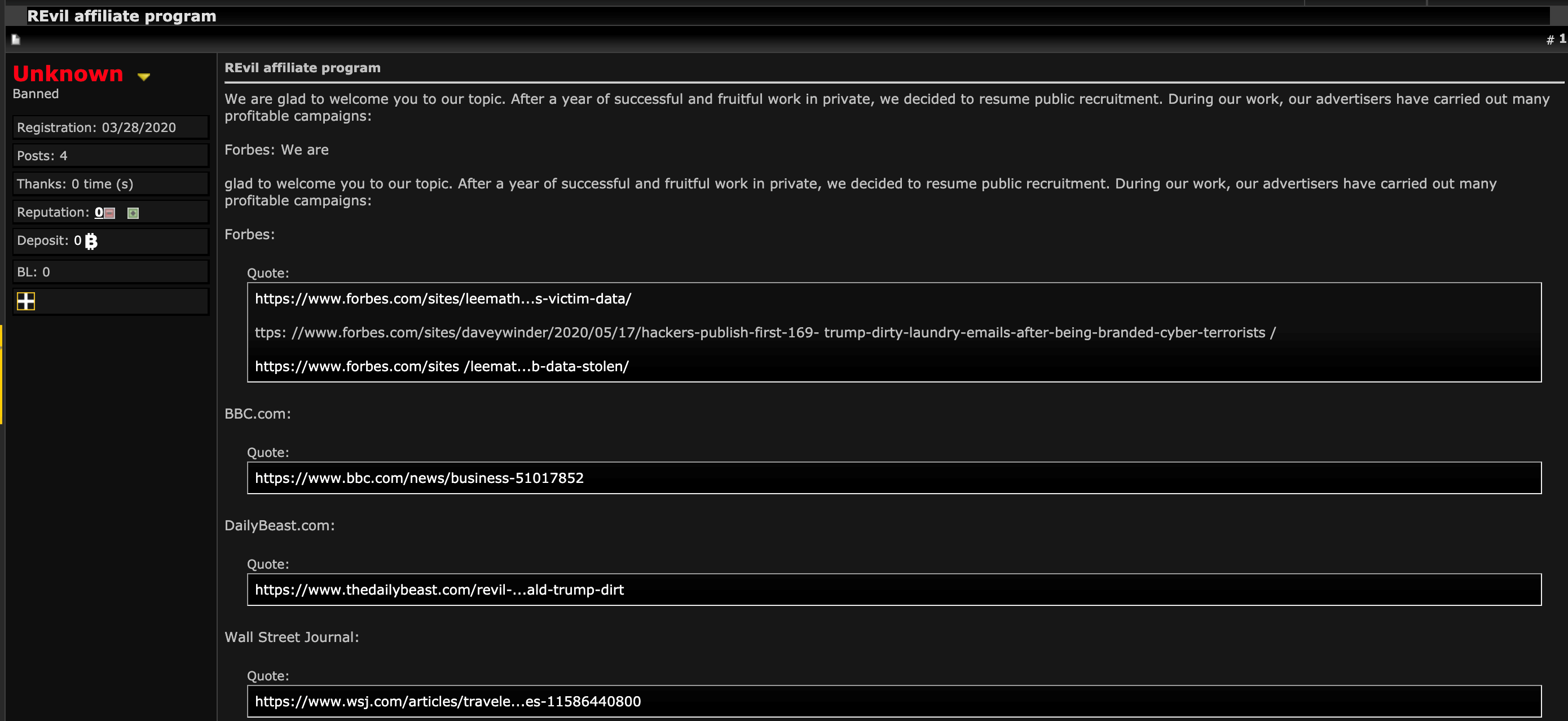 Figure 3. REvil affiliate recruitment in underground forums