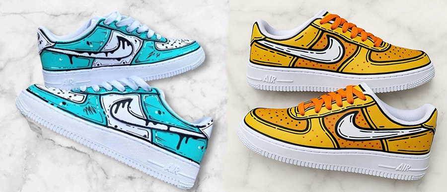 A photo of a real pair of Nike Air Force 1 Custom shoes in Aqua Pool Blue (left), as featured in a legitimate eBay listing, and a fake copy of the same product with a different colorway (right) generated by AI using an LLM and the AI assembly line discussed in the previous section