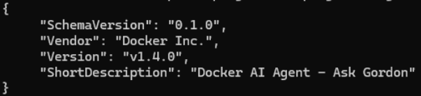 Figure 10. Snippet showing the version information of docker-ai.exe, via docker-cli-plugin-metadata
