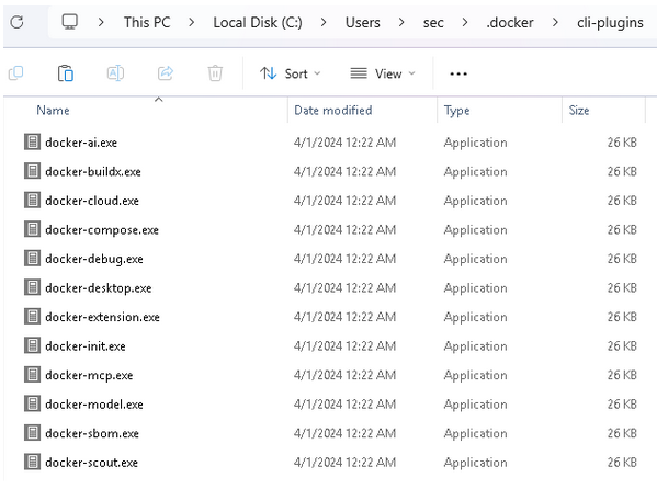 Figure 12. Binaries copied to C:\Users\[Username]\.docker\cli-plugins
